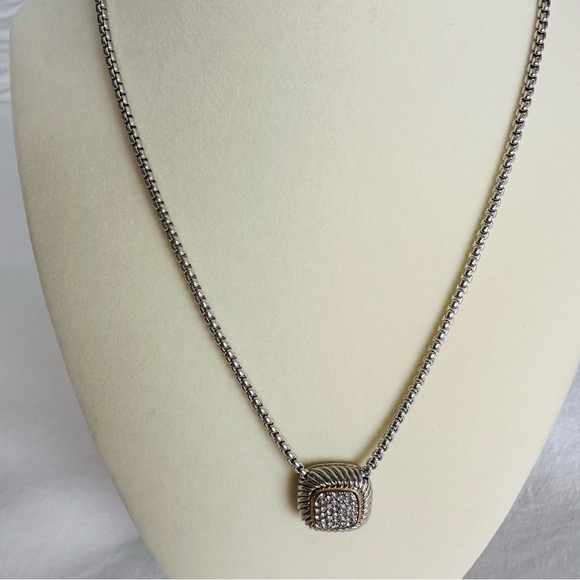 Pave CZ Diamond Pendant Silver Box Chain Necklace - Picture 7 of 11